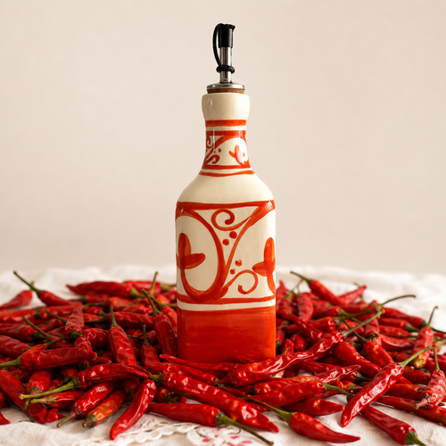 Aceitera de cerámica Azahara naranja en mesa con guindillas