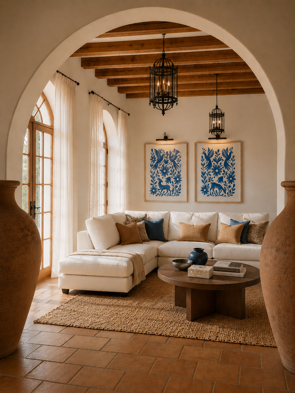 Pareja de láminas enmarcadas Inspiración Otomí decorando un salón de estilo mediterráneo y atemporal.