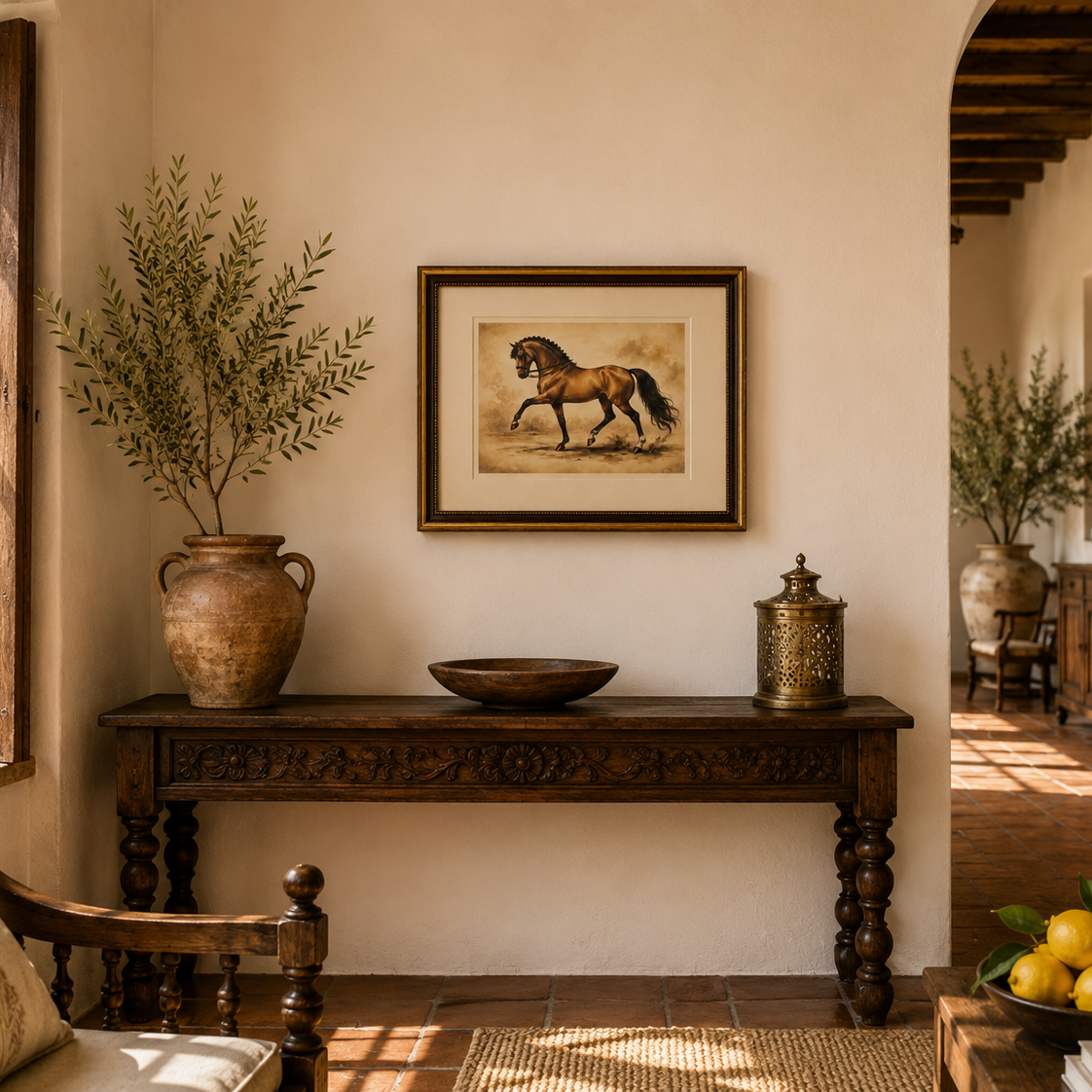 Lámina enmarcada Caballo Bayo integrada en una estancia elegante y atemporal, ideal para interiores de estilo mediterráneo.