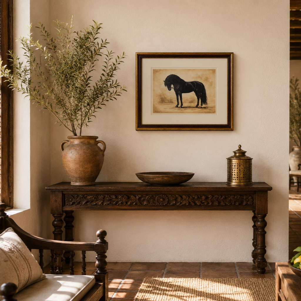Lámina enmarcada Caballo Negro colocada sobre una pared en un interior de estilo mediterráneo y elegante, aportando carácter y sofisticación al espacio.