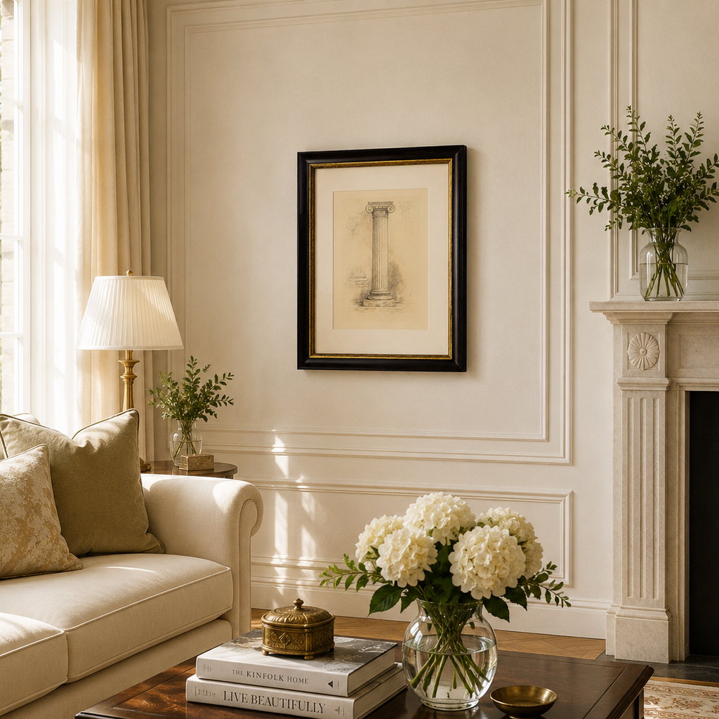 Lámina enmarcada Columna Helénica integrada en un salón elegante de estilo clásico y mediterráneo, aportando equilibrio y serenidad visual.