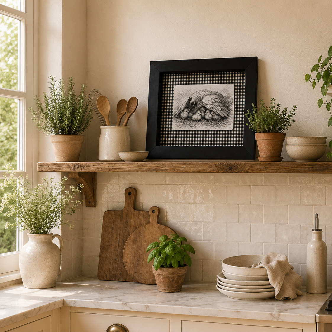 Lámina enmarcada Gallina con Pollitos colocada en una cocina luminosa de estilo mediterráneo, aportando calidez y encanto rural a la decoración.