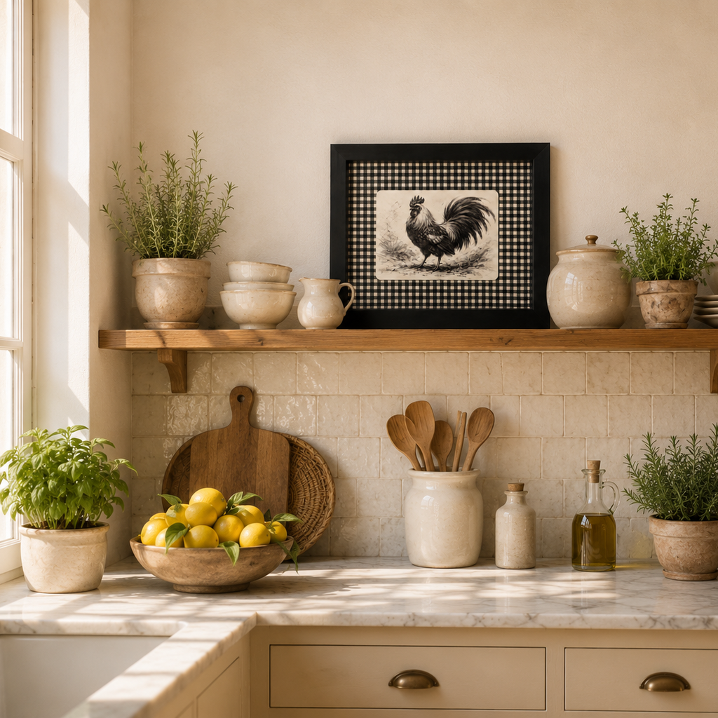 Lámina enmarcada Gallo de Corral integrada en una cocina mediterránea luminosa con decoración cálida y atemporal.