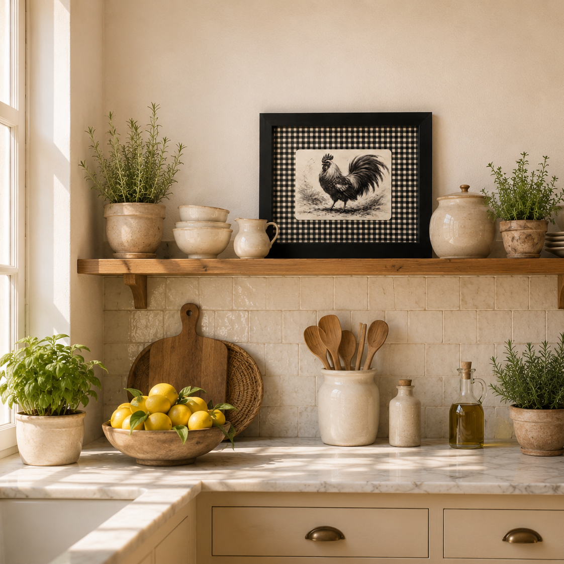 Lámina enmarcada Gallo de Corral integrada en una cocina mediterránea luminosa con decoración cálida y atemporal.