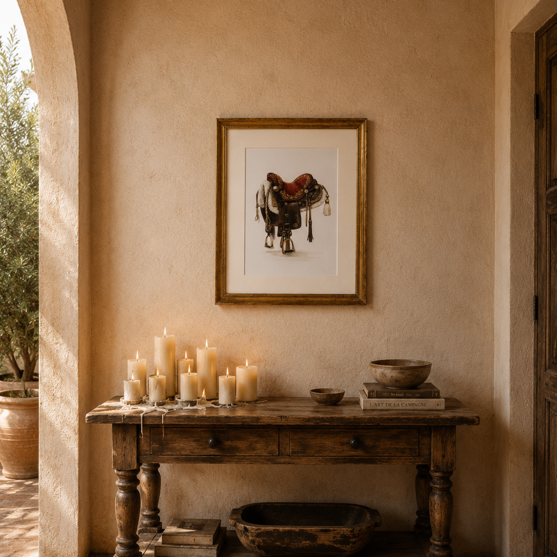 Lámina enmarcada Montura Oriental colocada en un salón elegante de estilo clásico y mediterráneo, aportando sofisticación y riqueza visual al espacio.