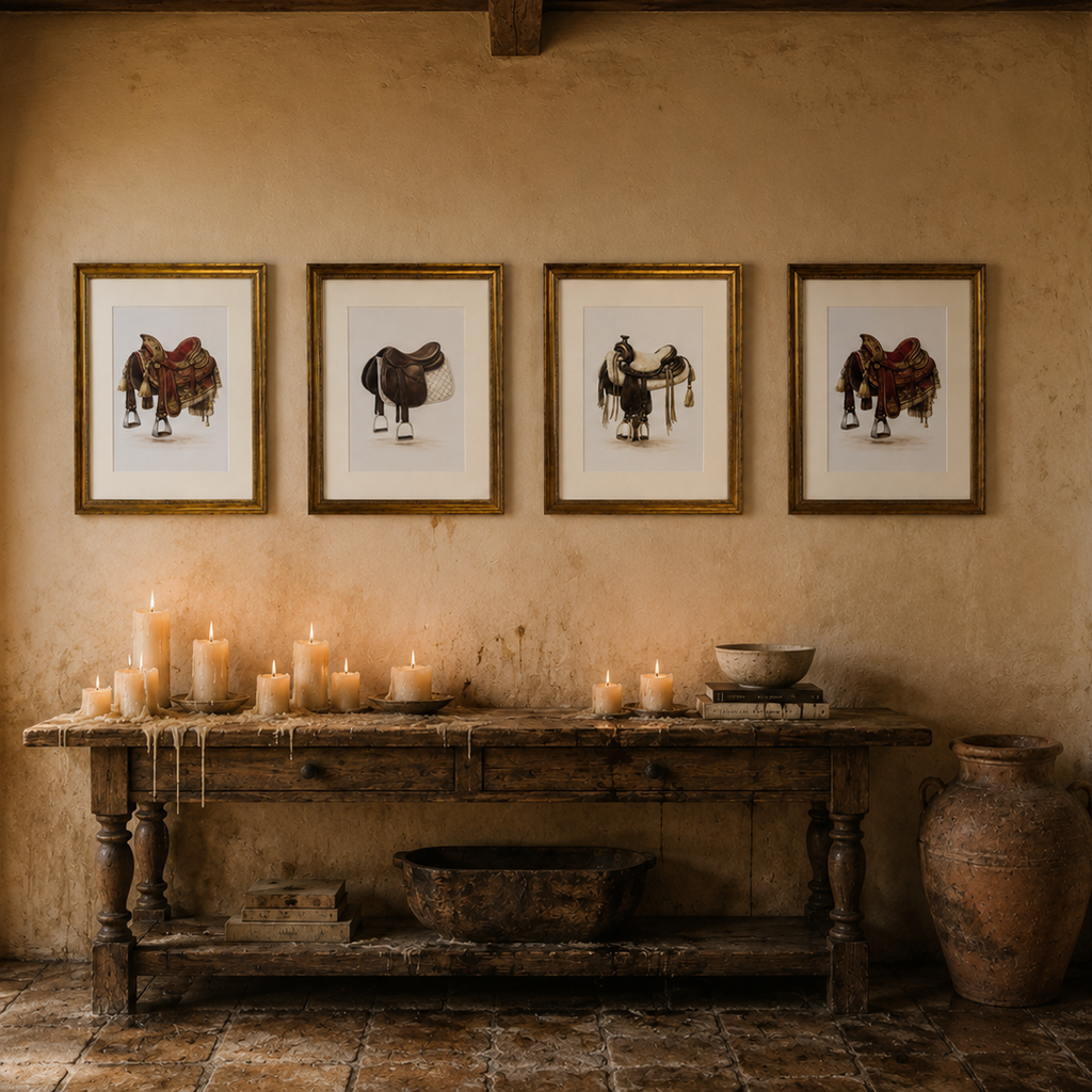 Colección Monturas del Mundo compuesta por cuatro láminas enmarcadas inspiradas en monturas ecuestres tradicionales, expuestas en un salón elegante de estilo clásico y mediterráneo.